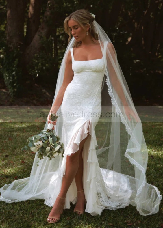 Square Neck Ivory Lace Chiffon Slit Sweet Wedding Dress